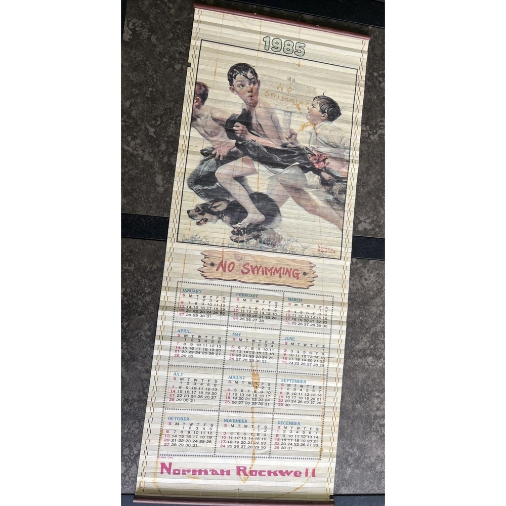 Vtg. Wooden 1985 Norman Rockwell Year-Long‎ Roll-Up Calendar Wall Hanging As Is